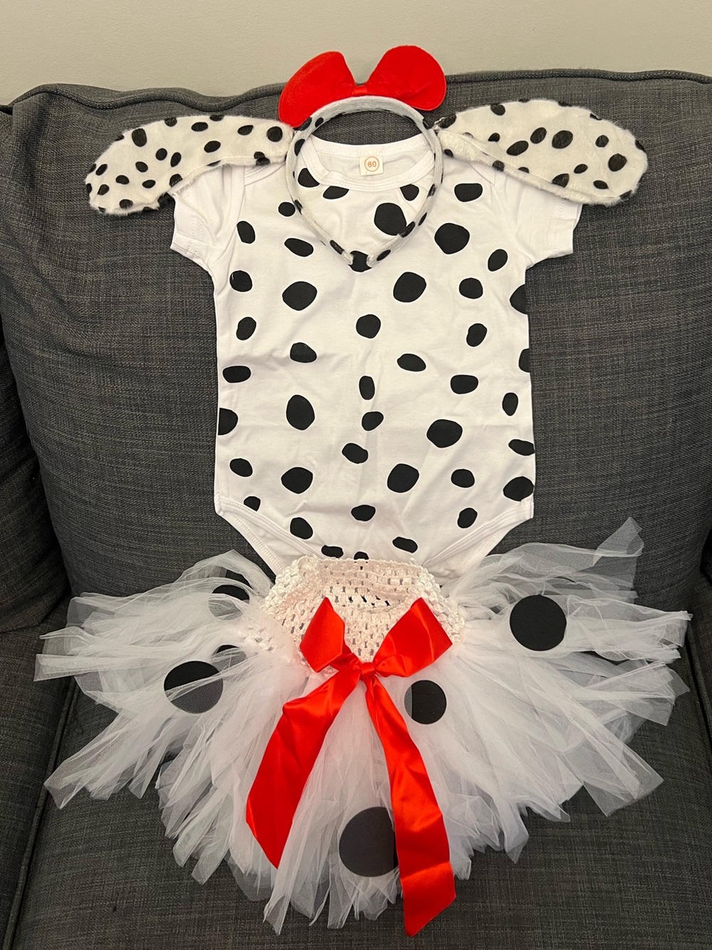 NEW Baby Girl White and Black Dalmatian Tutu Costume with Red Bow (6-12 Months)